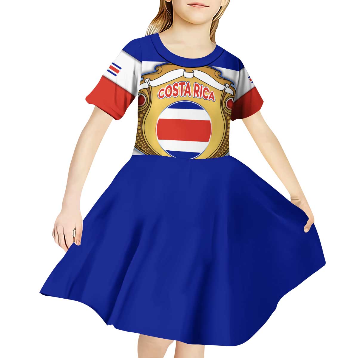 Costa Rica Flag Map Kid Short Sleeve Dress Red White Blue with National Colors and Gold Crest Design - Wonder Print Shop