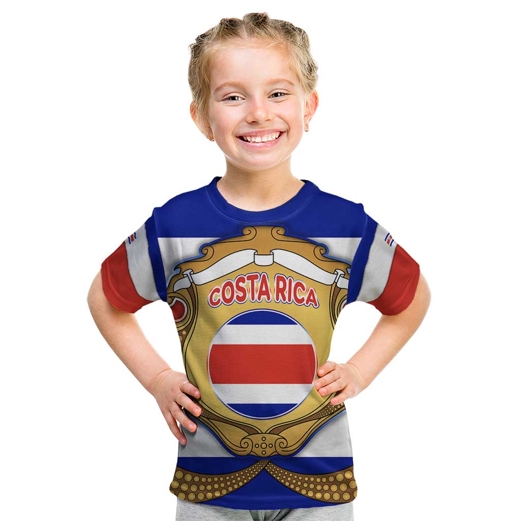 Costa Rica Flag Map Kid T Shirt Red White Blue with National Colors and Gold Crest Design - Wonder Print Shop