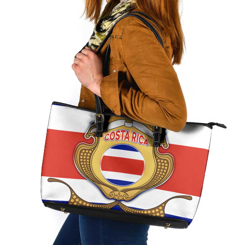 Costa Rica Flag Map Leather Tote Bag Red White Blue with National Colors and Gold Crest Design - Wonder Print Shop