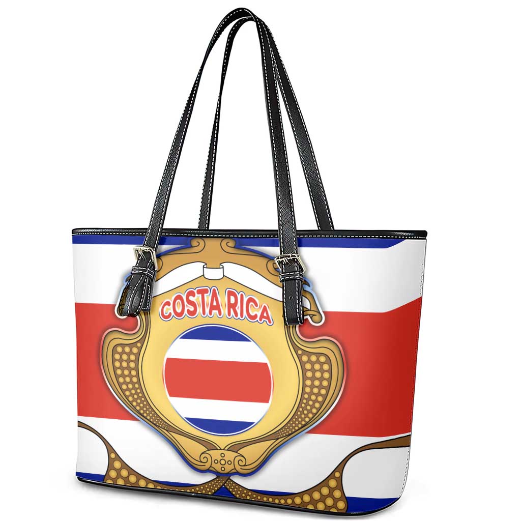 Costa Rica Flag Map Leather Tote Bag Red White Blue with National Colors and Gold Crest Design - Wonder Print Shop