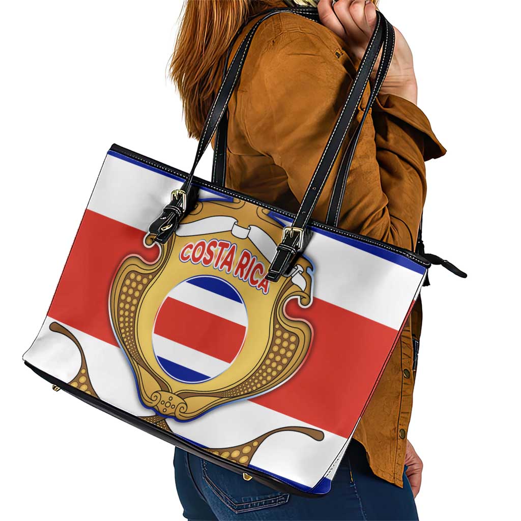 Costa Rica Flag Map Leather Tote Bag Red White Blue with National Colors and Gold Crest Design - Wonder Print Shop