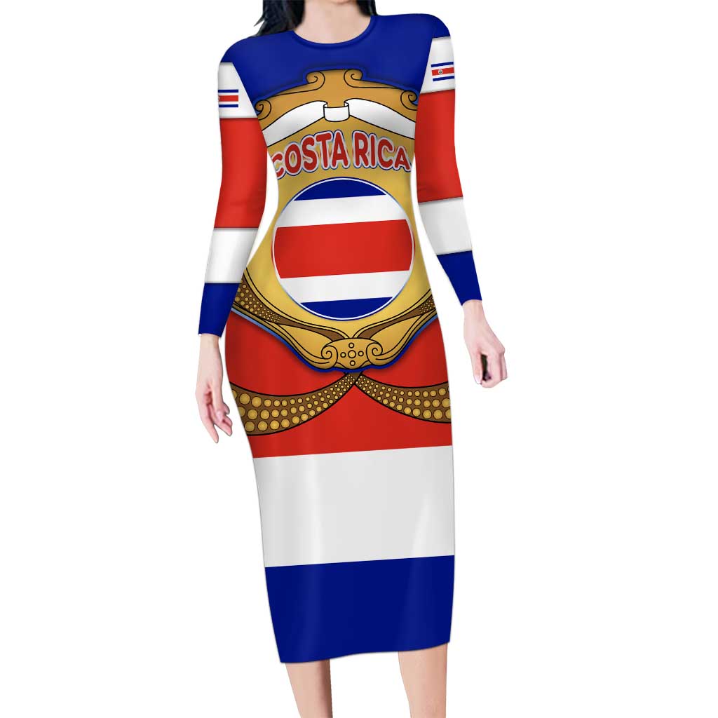Costa Rica Flag Map Long Sleeve Bodycon Dress Red White Blue with National Colors and Gold Crest Design - Wonder Print Shop
