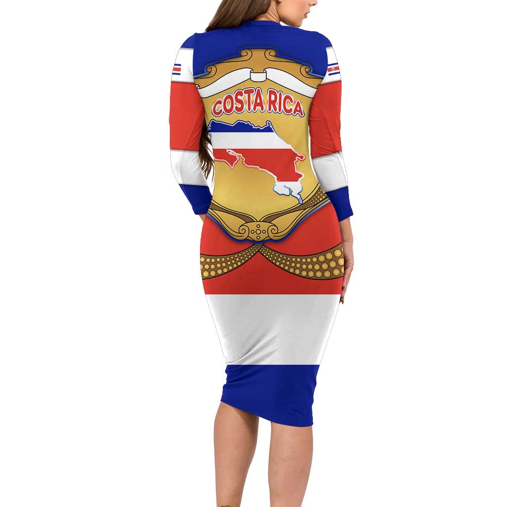 Costa Rica Flag Map Long Sleeve Bodycon Dress Red White Blue with National Colors and Gold Crest Design - Wonder Print Shop