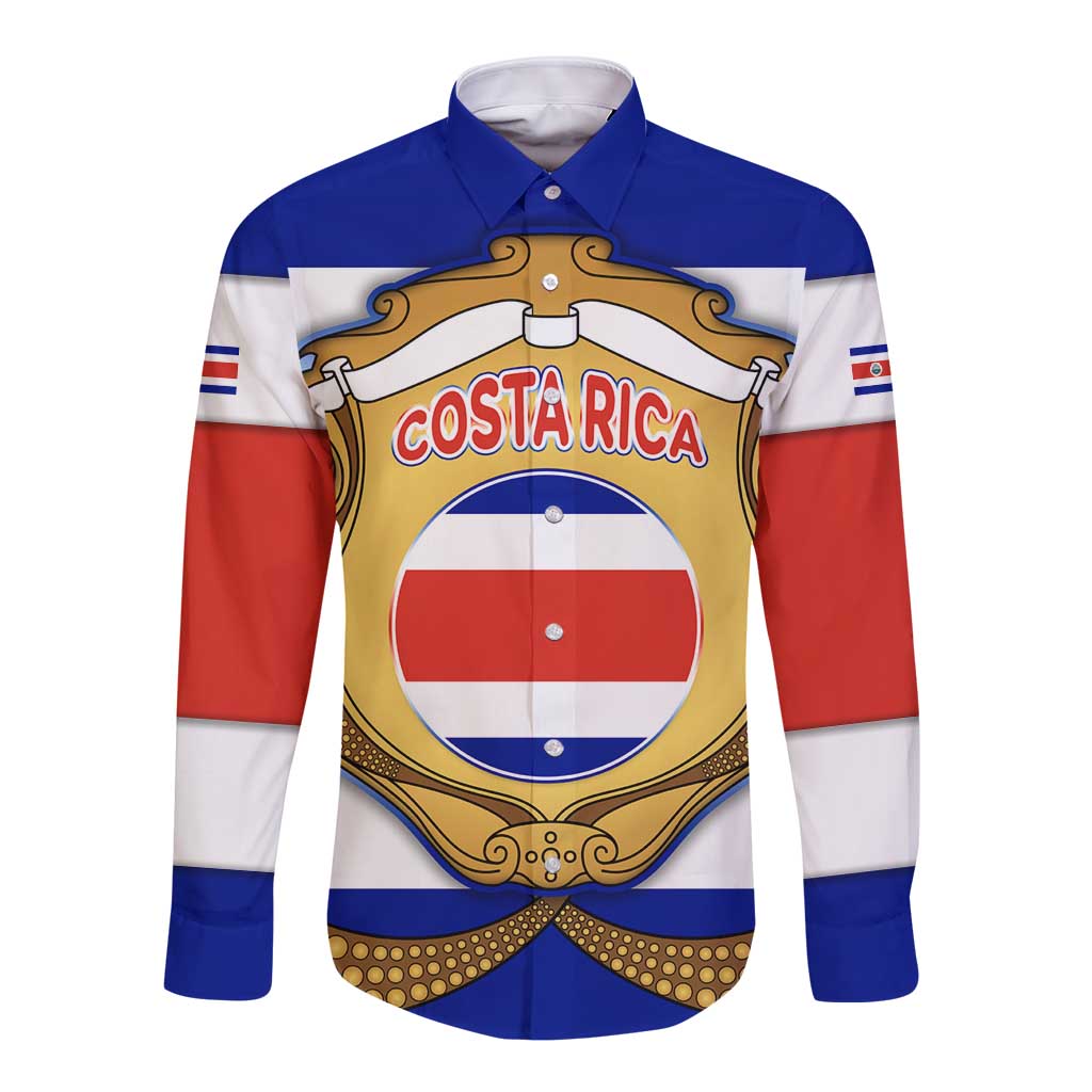 Costa Rica Flag Map Long Sleeve Button Shirt Red White Blue with National Colors and Gold Crest Design - Wonder Print Shop