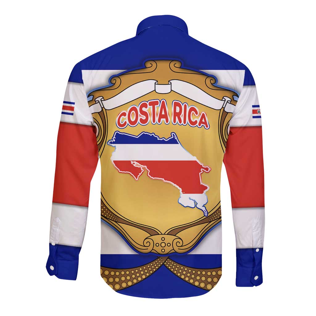 Costa Rica Flag Map Long Sleeve Button Shirt Red White Blue with National Colors and Gold Crest Design - Wonder Print Shop