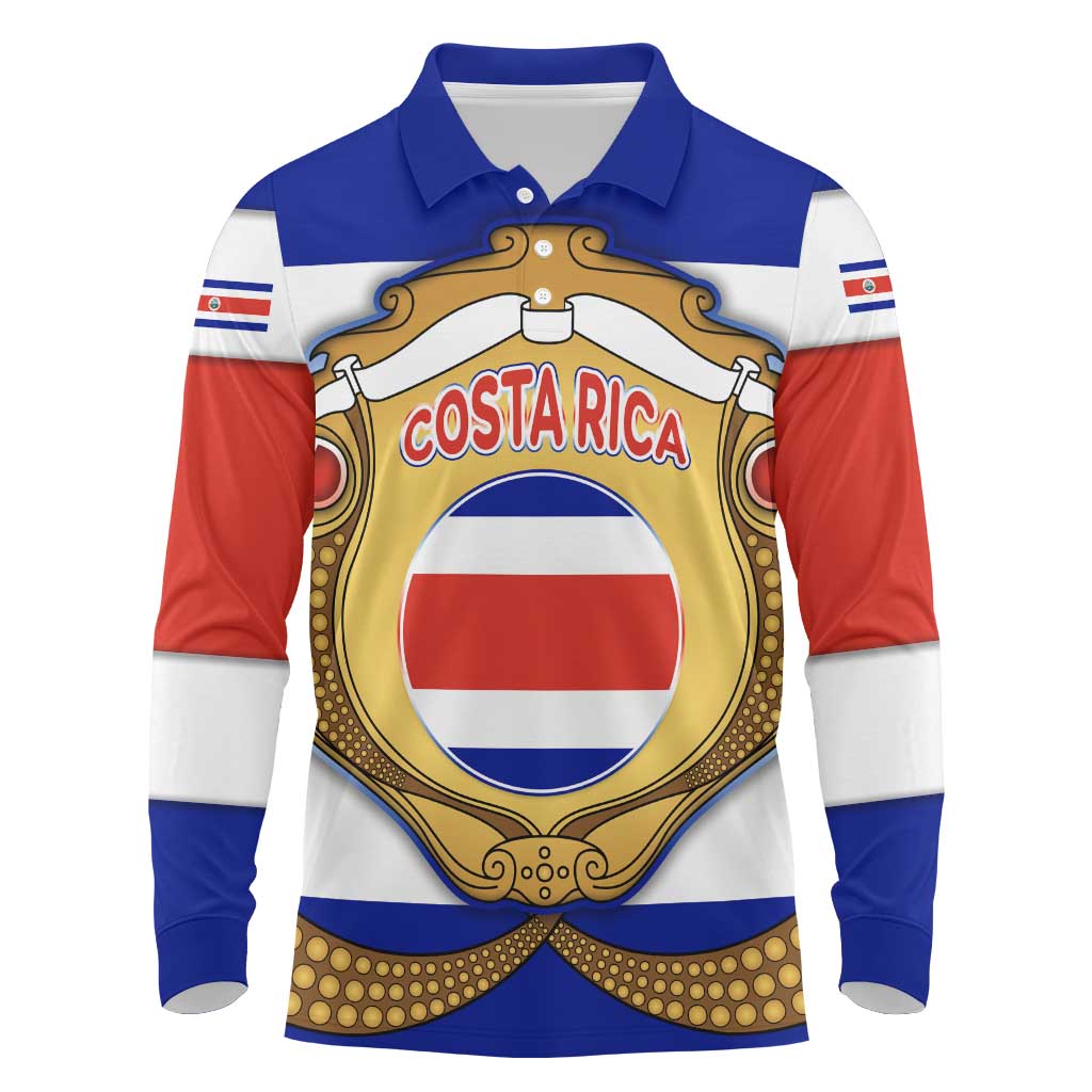 Costa Rica Flag Map Long Sleeve Polo Shirt Red White Blue with National Colors and Gold Crest Design - Wonder Print Shop
