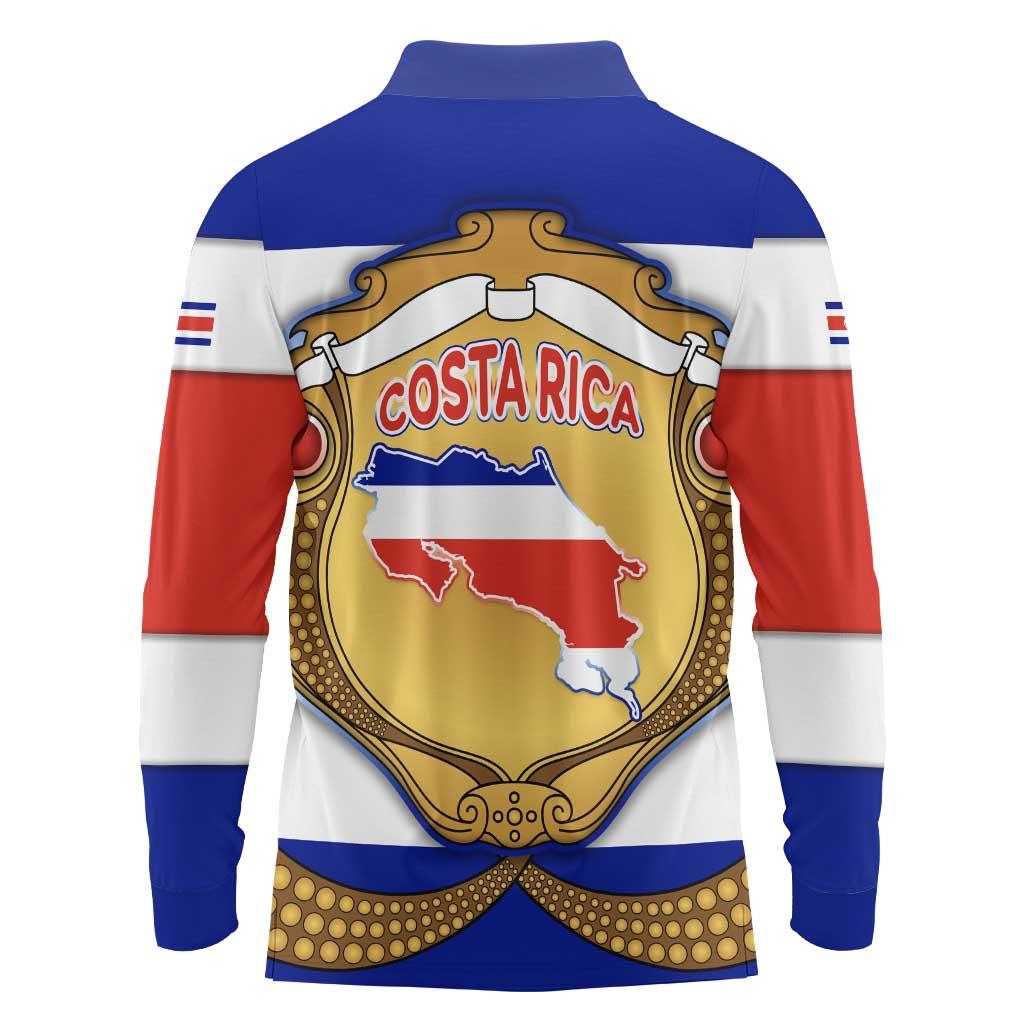 Costa Rica Flag Map Long Sleeve Polo Shirt Red White Blue with National Colors and Gold Crest Design - Wonder Print Shop