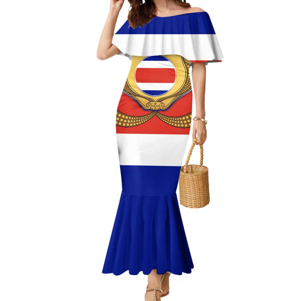Costa Rica Flag Map Mermaid Dress Red White Blue with National Colors and Gold Crest Design - Wonder Print Shop