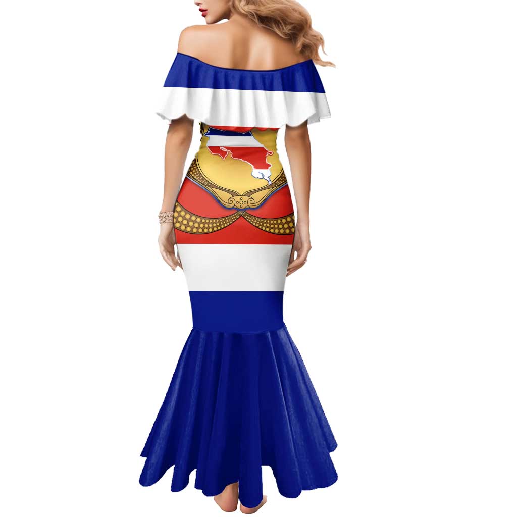 Costa Rica Flag Map Mermaid Dress Red White Blue with National Colors and Gold Crest Design - Wonder Print Shop