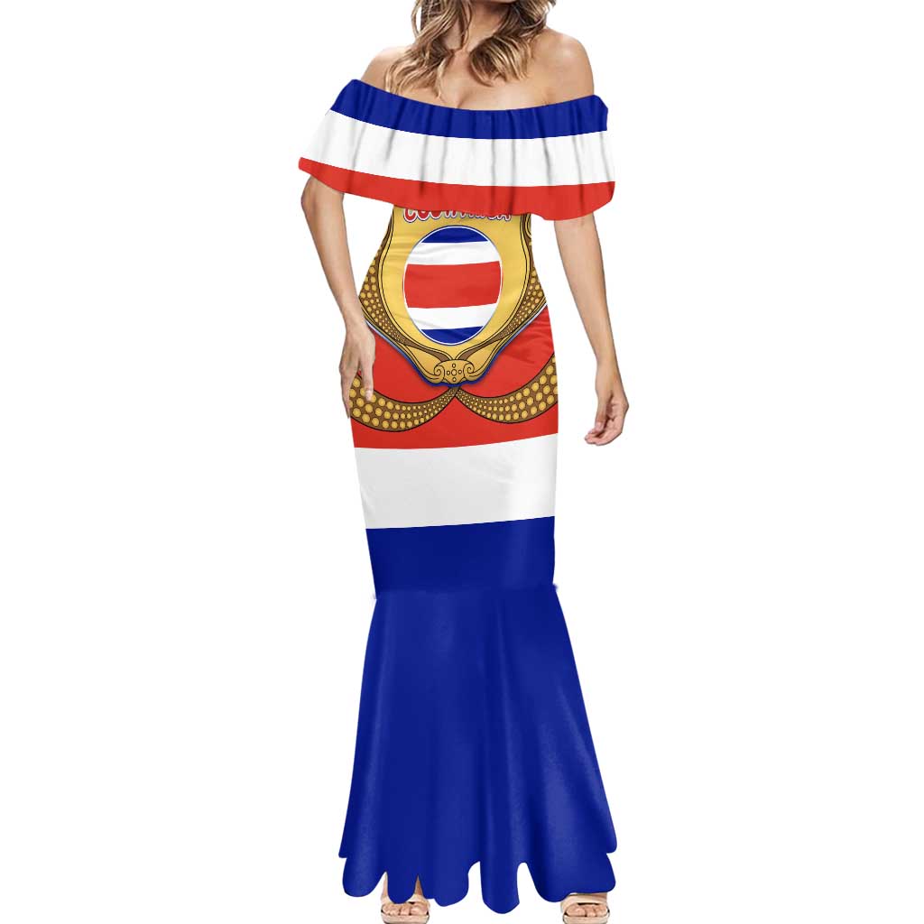 Costa Rica Flag Map Mermaid Dress Red White Blue with National Colors and Gold Crest Design - Wonder Print Shop