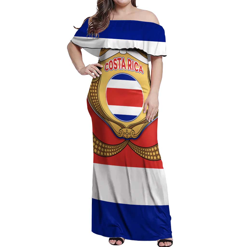 Costa Rica Flag Map Off Shoulder Maxi Dress Red White Blue with National Colors and Gold Crest Design - Wonder Print Shop