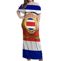 Costa Rica Flag Map Off Shoulder Maxi Dress Red White Blue with National Colors and Gold Crest Design - Wonder Print Shop