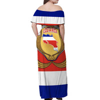 Costa Rica Flag Map Off Shoulder Maxi Dress Red White Blue with National Colors and Gold Crest Design - Wonder Print Shop