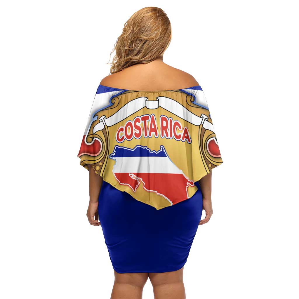 Costa Rica Flag Map Off Shoulder Short Dress Red White Blue with National Colors and Gold Crest Design - Wonder Print Shop