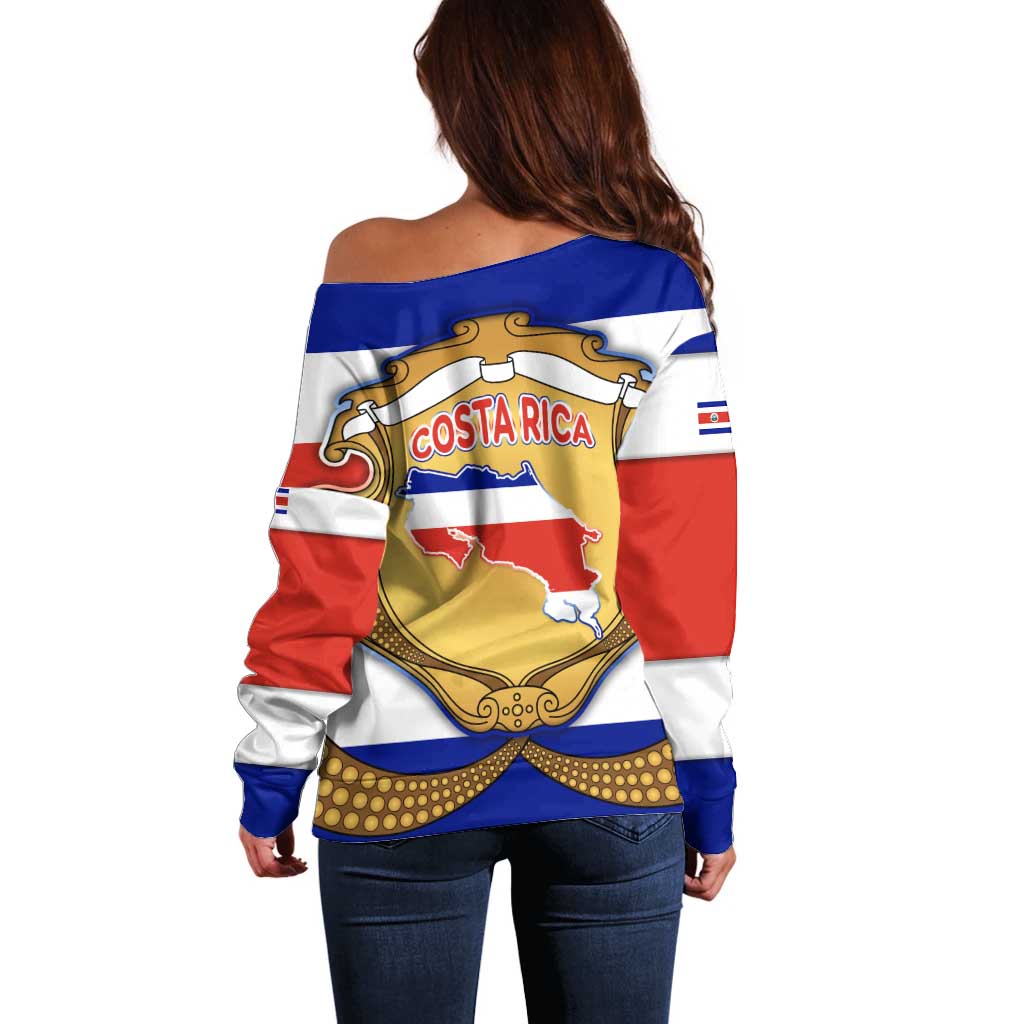 Costa Rica Flag Map Off Shoulder Sweater Red White Blue with National Colors and Gold Crest Design - Wonder Print Shop