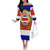 Costa Rica Flag Map Off The Shoulder Long Sleeve Dress Red White Blue with National Colors and Gold Crest Design - Wonder Print Shop