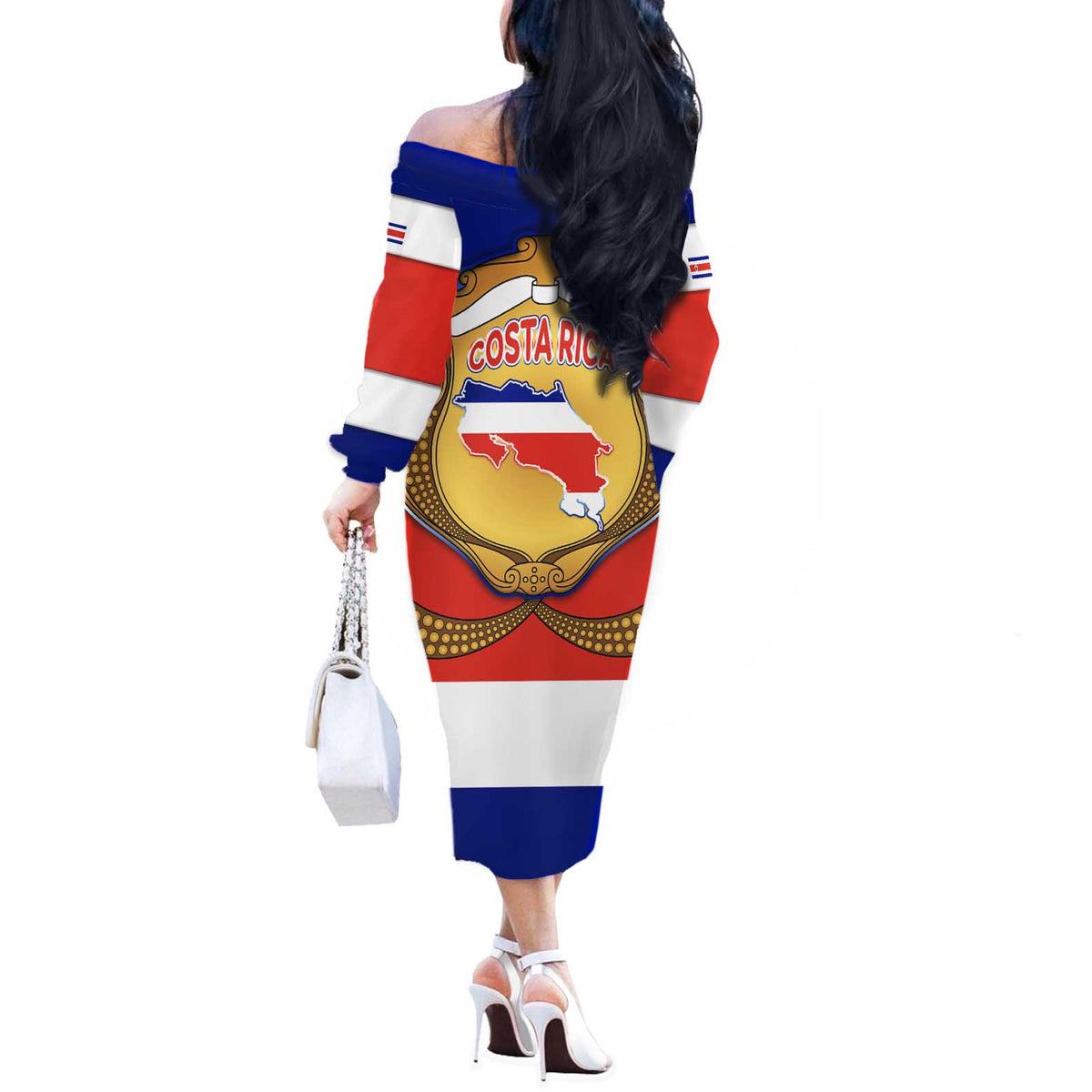 Costa Rica Flag Map Off The Shoulder Long Sleeve Dress Red White Blue with National Colors and Gold Crest Design - Wonder Print Shop