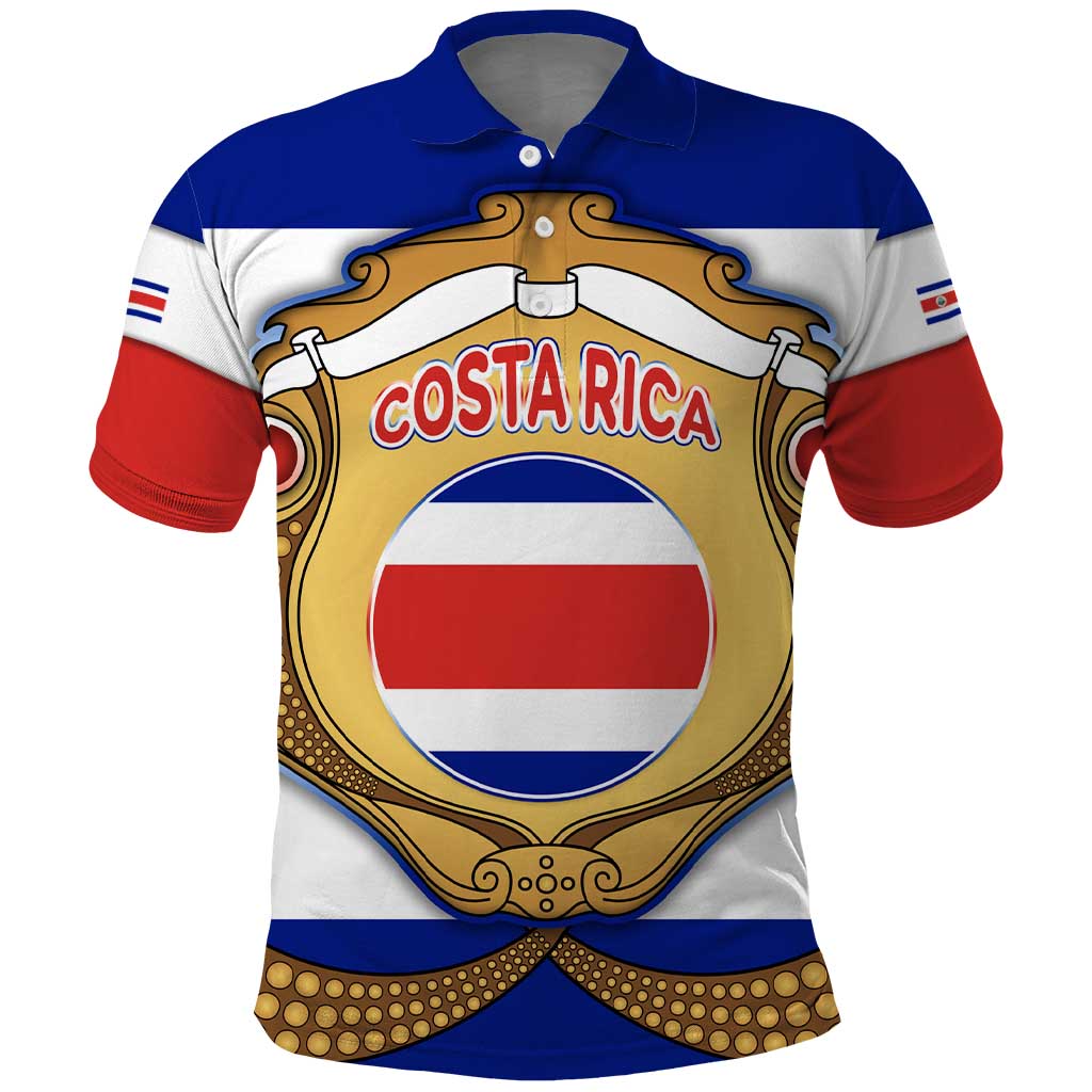 Costa Rica Flag Map Polo Shirt Red White Blue with National Colors and Gold Crest Design - Wonder Print Shop