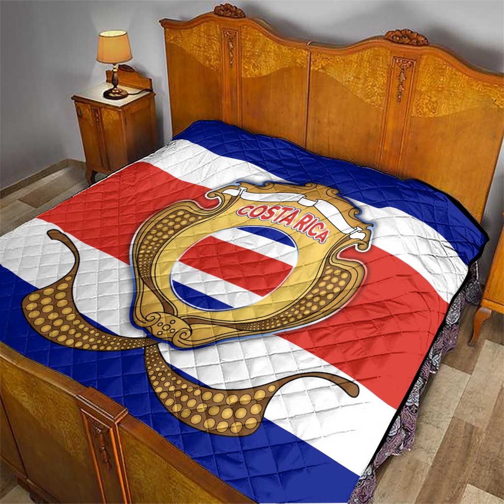 Costa Rica Flag Map Quilt Red White Blue with National Colors and Gold Crest Design - Wonder Print Shop