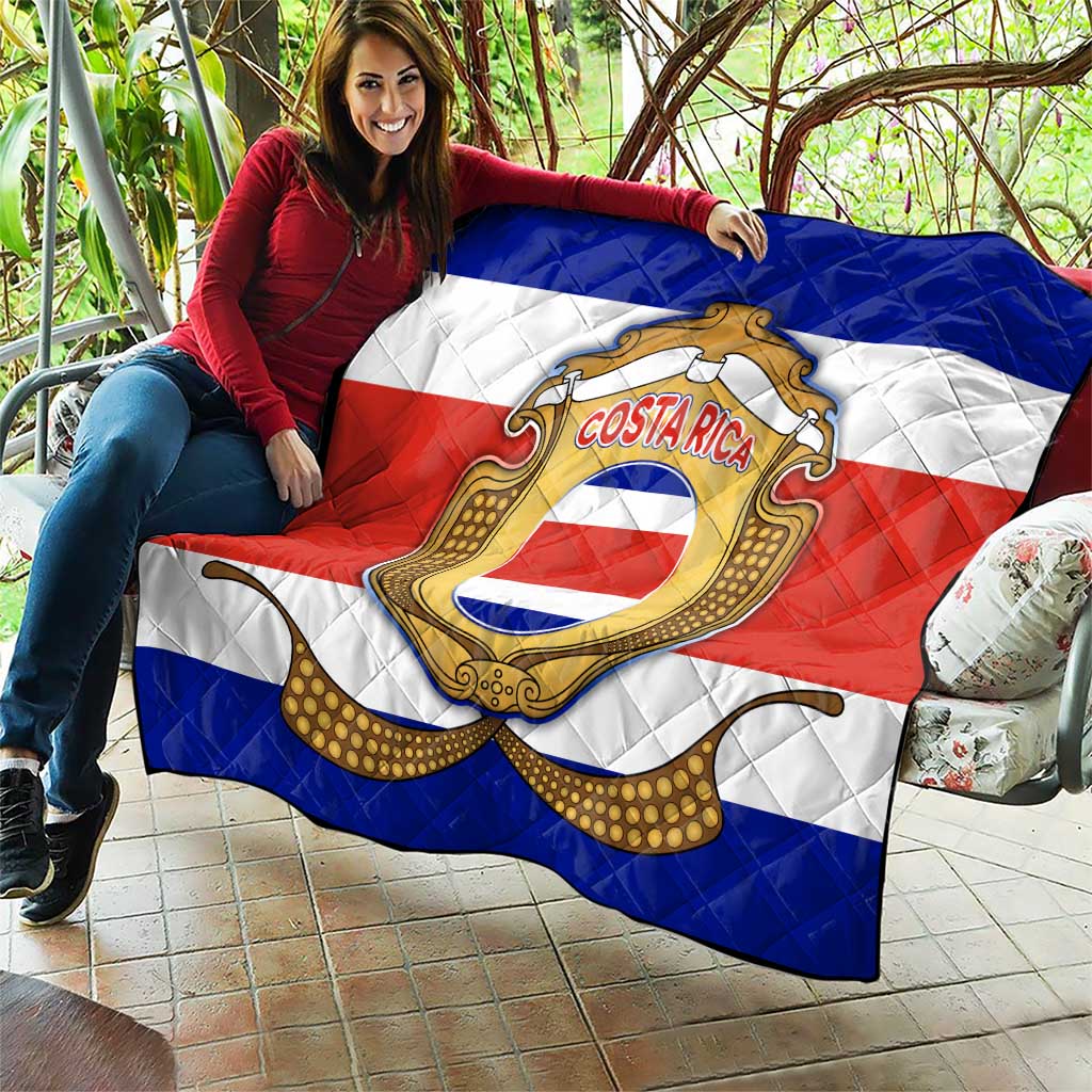 Costa Rica Flag Map Quilt Red White Blue with National Colors and Gold Crest Design - Wonder Print Shop