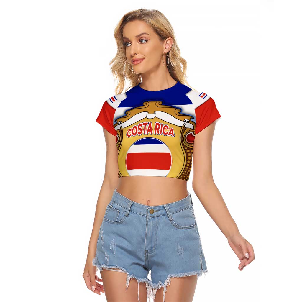 Costa Rica Flag Map Raglan Cropped T Shirt Red White Blue with National Colors and Gold Crest Design - Wonder Print Shop