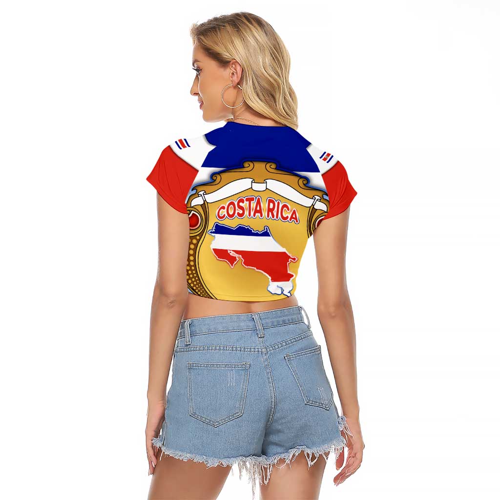 Costa Rica Flag Map Raglan Cropped T Shirt Red White Blue with National Colors and Gold Crest Design - Wonder Print Shop