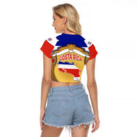 Costa Rica Flag Map Raglan Cropped T Shirt Red White Blue with National Colors and Gold Crest Design - Wonder Print Shop