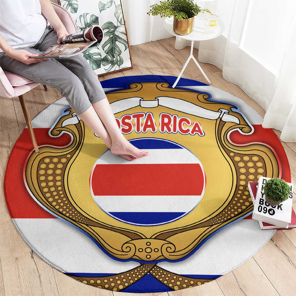 Costa Rica Flag Map Round Carpet Red White Blue with National Colors and Gold Crest Design - Wonder Print Shop