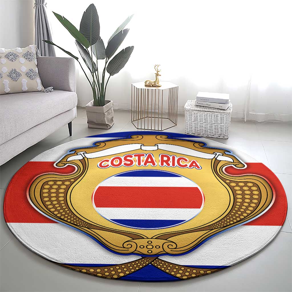 Costa Rica Flag Map Round Carpet Red White Blue with National Colors and Gold Crest Design - Wonder Print Shop