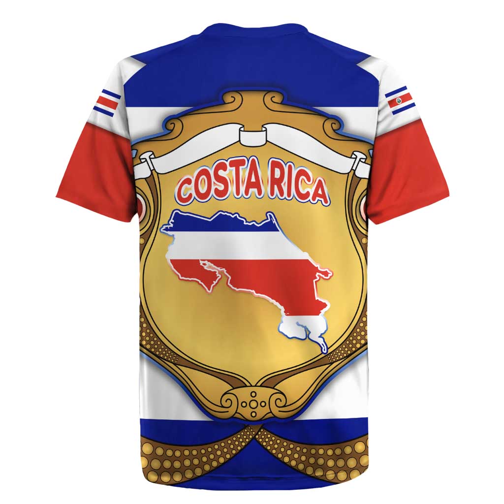 Costa Rica Flag Map Rugby Jersey Red White Blue with National Colors and Gold Crest Design - Wonder Print Shop