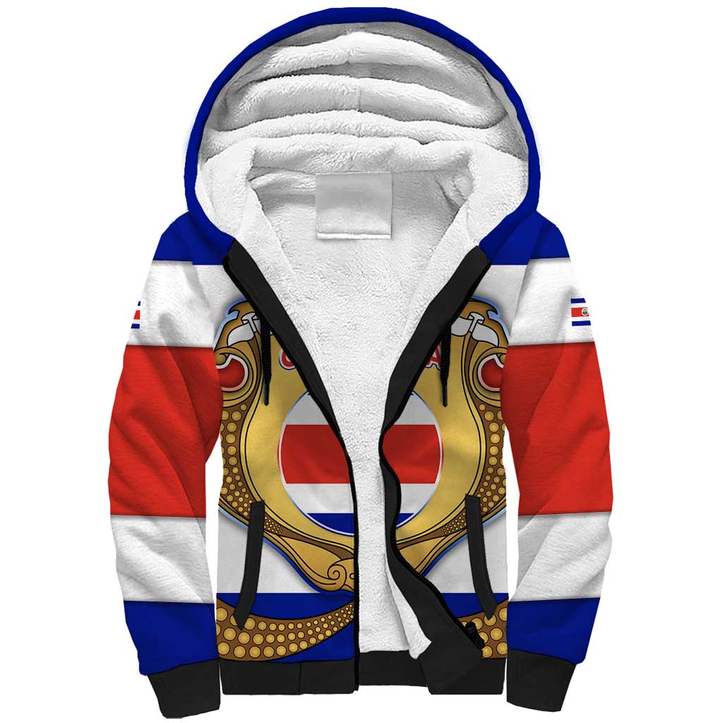 Costa Rica Flag Map Sherpa Hoodie Red White Blue with National Colors and Gold Crest Design - Wonder Print Shop