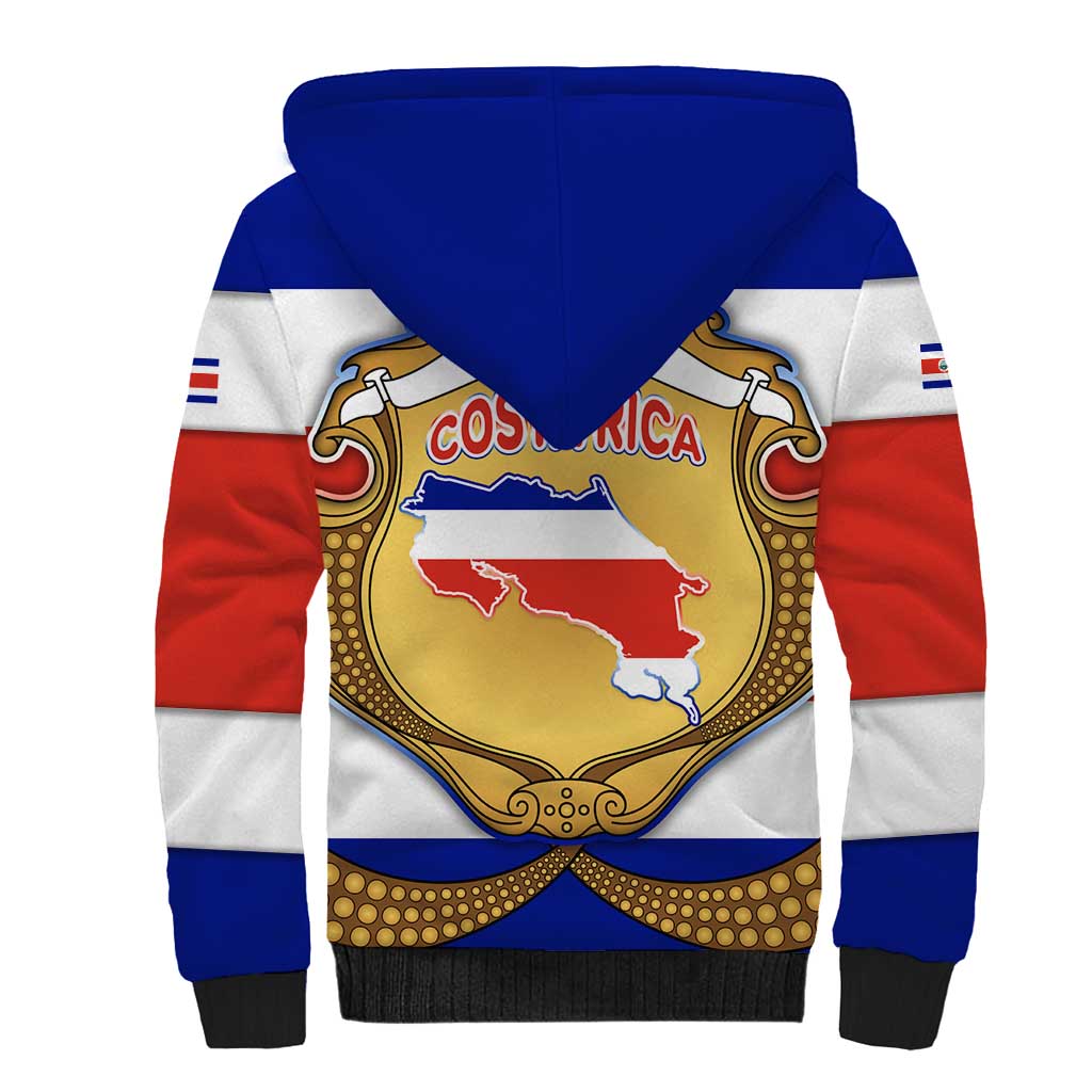 Costa Rica Flag Map Sherpa Hoodie Red White Blue with National Colors and Gold Crest Design - Wonder Print Shop