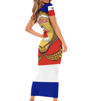 Costa Rica Flag Map Short Sleeve Bodycon Dress Red White Blue with National Colors and Gold Crest Design - Wonder Print Shop