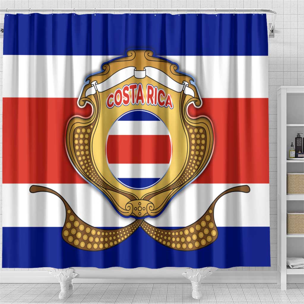 Costa Rica Flag Map Shower Curtain Red White Blue with National Colors and Gold Crest Design - Wonder Print Shop