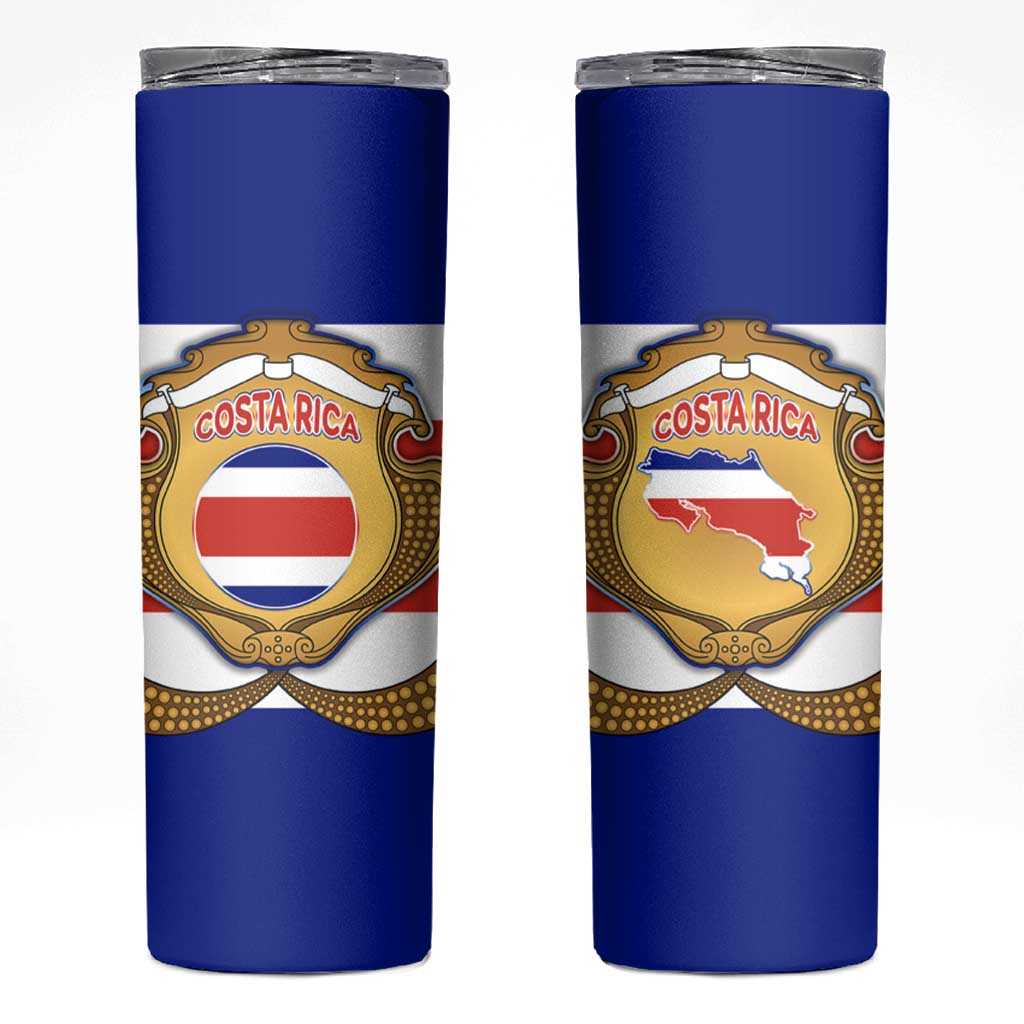 Costa Rica Flag Map Skinny Tumbler Red White Blue with National Colors and Gold Crest Design - Wonder Print Shop