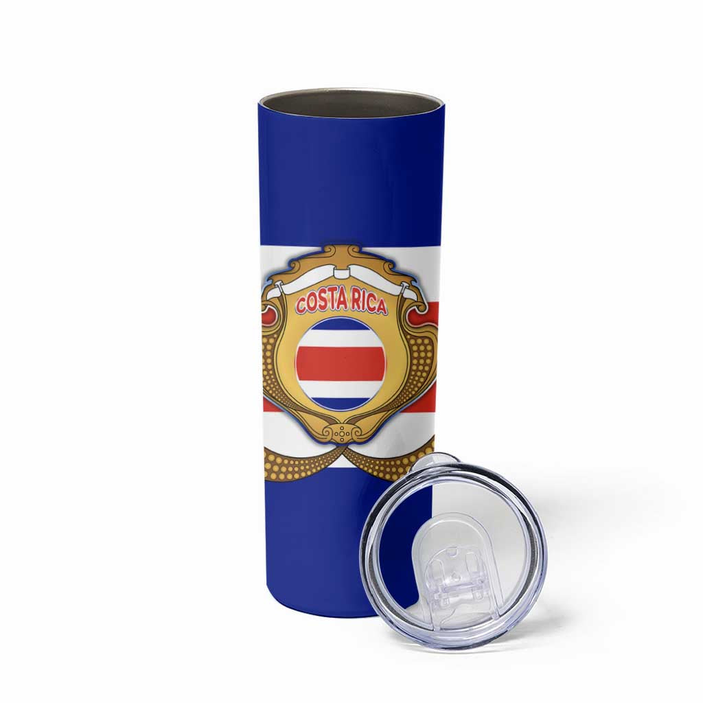 Costa Rica Flag Map Skinny Tumbler Red White Blue with National Colors and Gold Crest Design - Wonder Print Shop