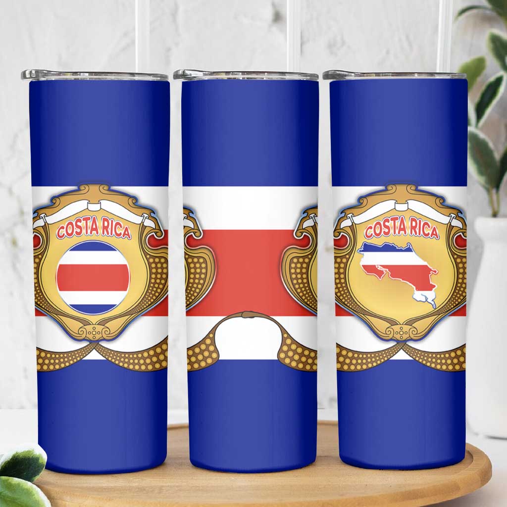 Costa Rica Flag Map Skinny Tumbler Red White Blue with National Colors and Gold Crest Design - Wonder Print Shop