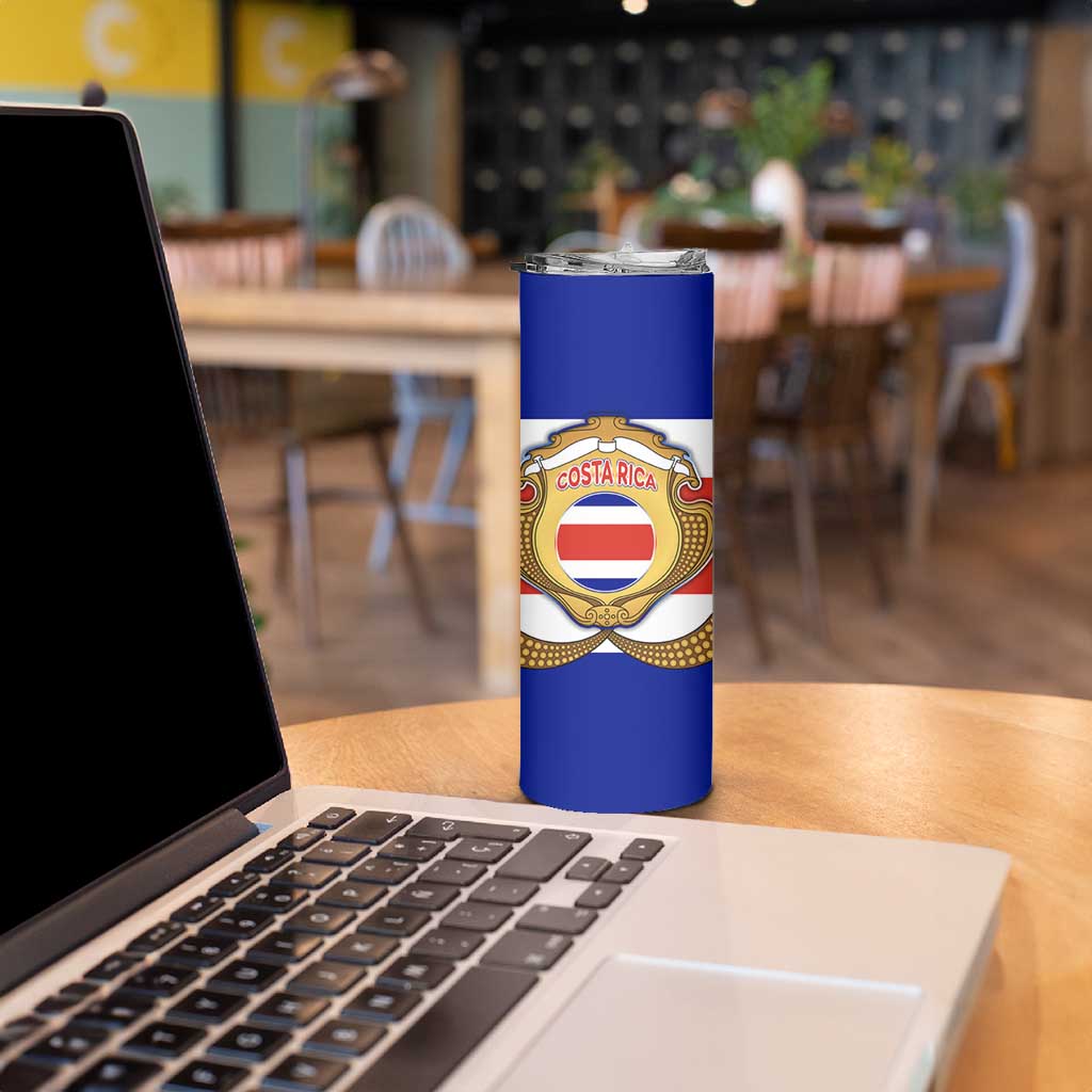Costa Rica Flag Map Skinny Tumbler Red White Blue with National Colors and Gold Crest Design - Wonder Print Shop