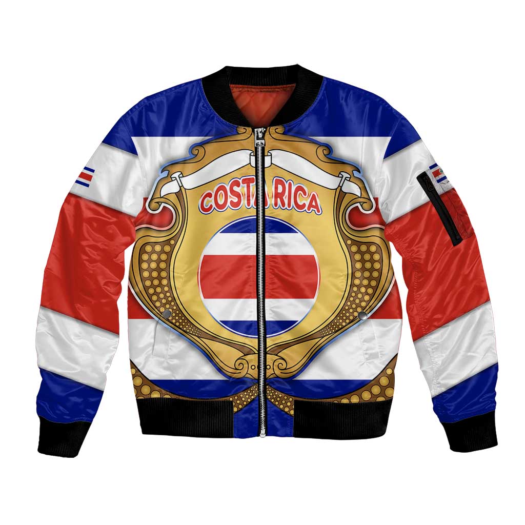 Costa Rica Flag Map Sleeve Zip Bomber Jacket Red White Blue with National Colors and Gold Crest Design - Wonder Print Shop