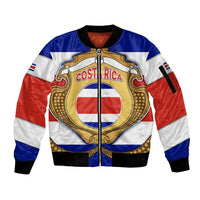 Costa Rica Flag Map Sleeve Zip Bomber Jacket Red White Blue with National Colors and Gold Crest Design - Wonder Print Shop