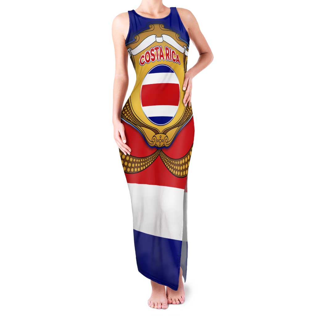 Costa Rica Flag Map Tank Maxi Dress Red White Blue with National Colors and Gold Crest Design - Wonder Print Shop