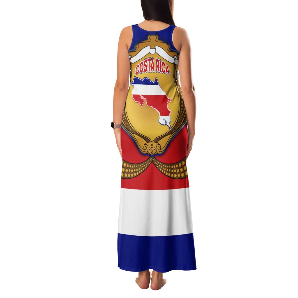 Costa Rica Flag Map Tank Maxi Dress Red White Blue with National Colors and Gold Crest Design - Wonder Print Shop