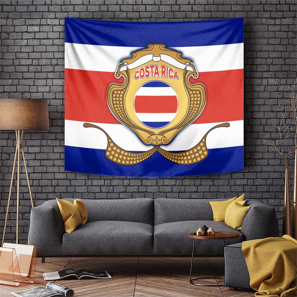Costa Rica Flag Map Tapestry Red White Blue with National Colors and Gold Crest Design - Wonder Print Shop