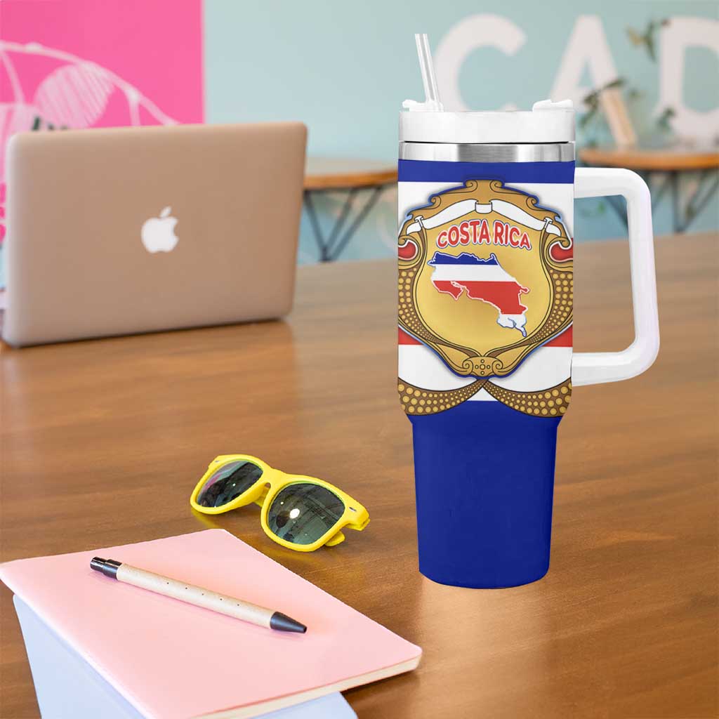 Costa Rica Flag Map Tumbler With Handle Red White Blue with National Colors and Gold Crest Design - Wonder Print Shop