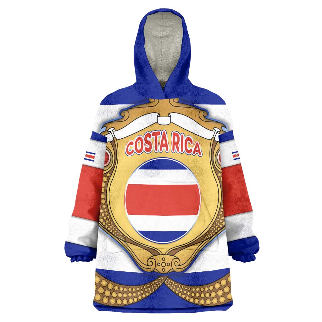 Costa Rica Flag Map Wearable Blanket Hoodie Red White Blue with National Colors and Gold Crest Design - Wonder Print Shop