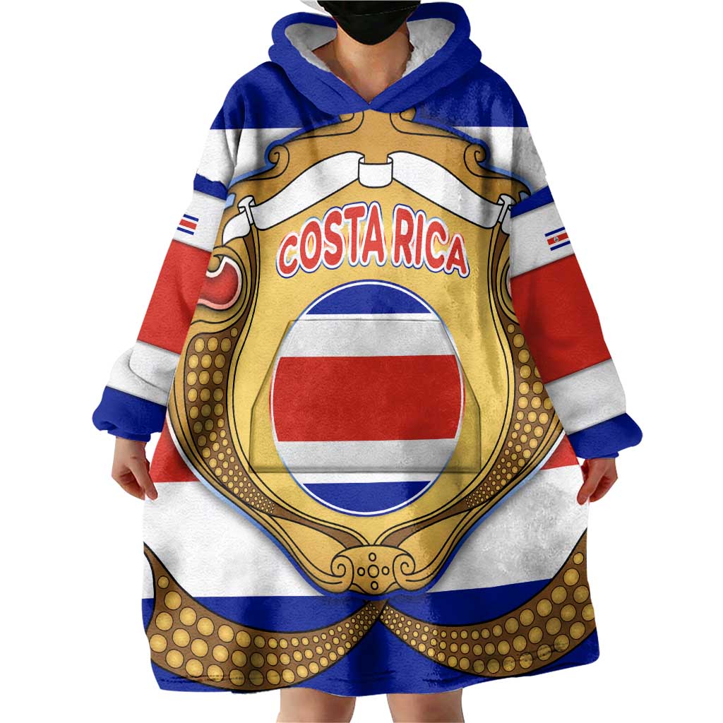 Costa Rica Flag Map Wearable Blanket Hoodie Red White Blue with National Colors and Gold Crest Design - Wonder Print Shop