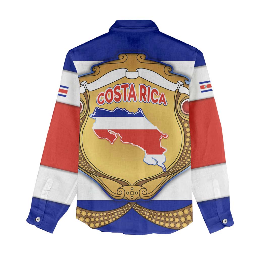 Costa Rica Flag Map Women Casual Shirt Red White Blue with National Colors and Gold Crest Design - Wonder Print Shop
