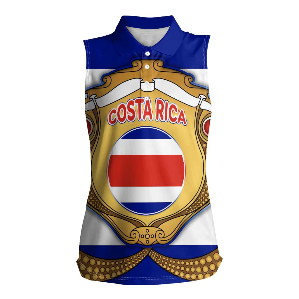 Costa Rica Flag Map Women Sleeveless Polo Shirt Red White Blue with National Colors and Gold Crest Design - Wonder Print Shop