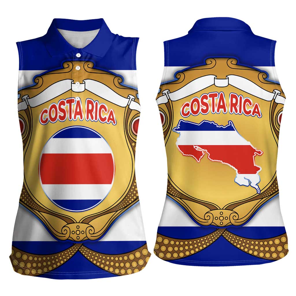 Costa Rica Flag Map Women Sleeveless Polo Shirt Red White Blue with National Colors and Gold Crest Design - Wonder Print Shop
