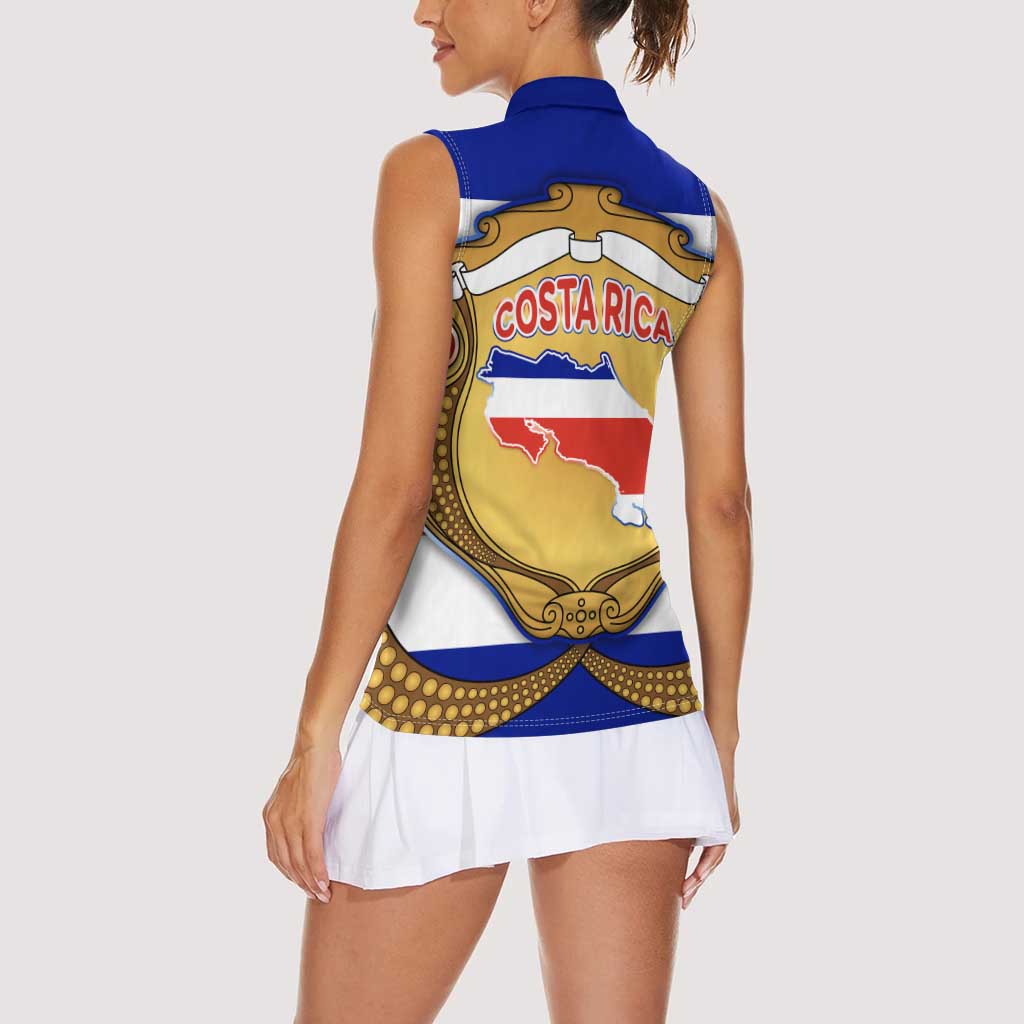 Costa Rica Flag Map Women Sleeveless Polo Shirt Red White Blue with National Colors and Gold Crest Design - Wonder Print Shop